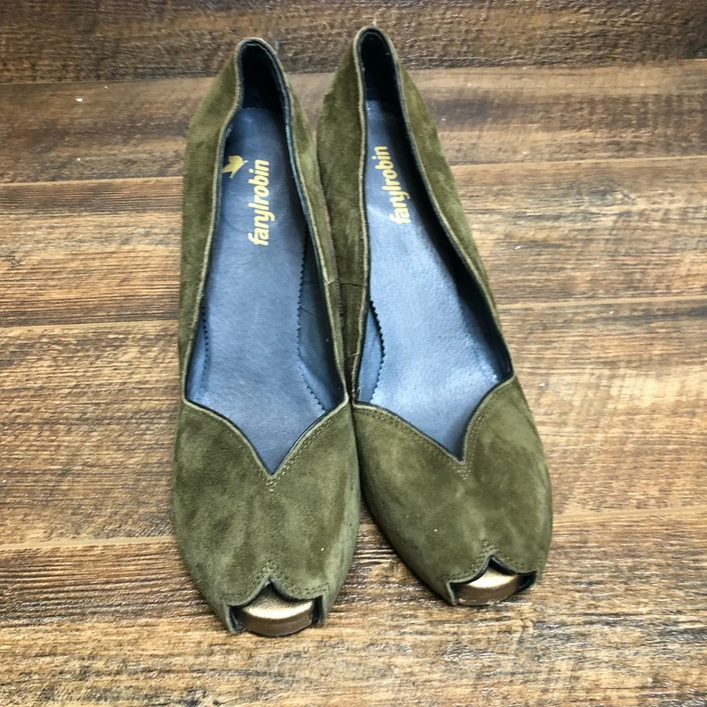 Farylrobin Olive Green Suede Peep-Toe Heels 10